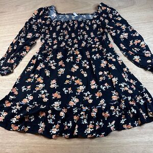 Xhilaration Black Floral Smocked Long Sleeve Mini Dress XL Fall Cottagecore